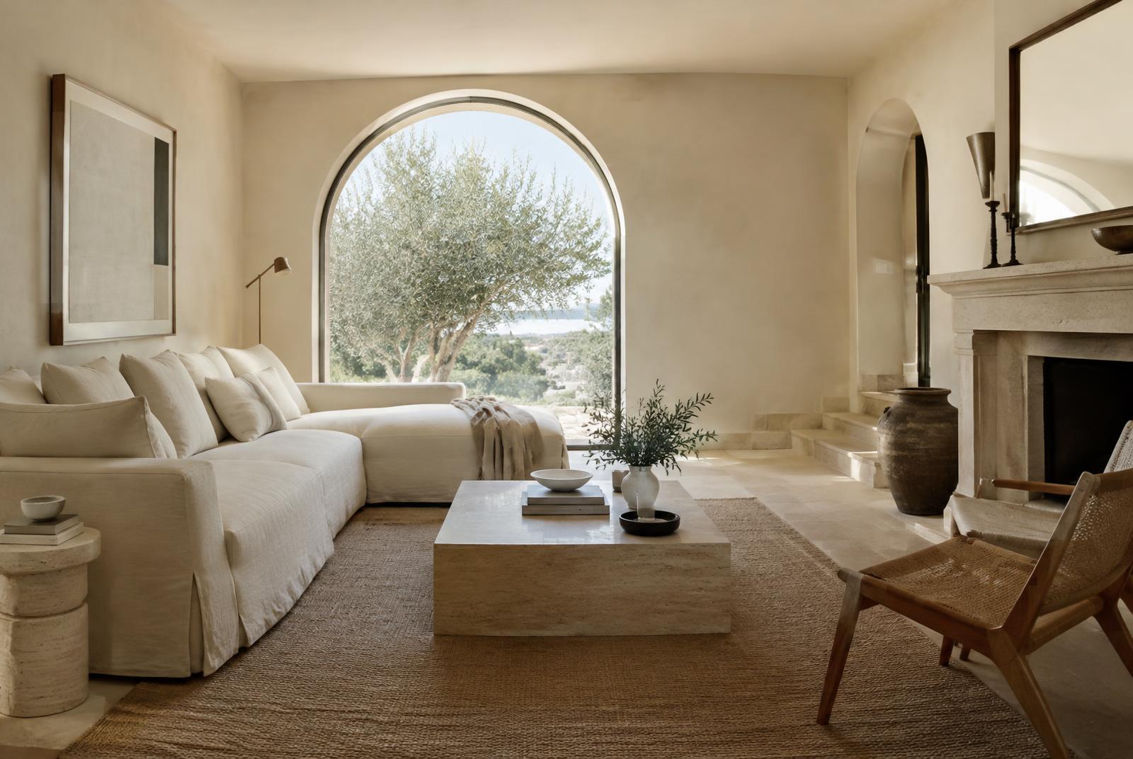Salón mediterráneo luminoso con sofá de lino en una villa de Mallorca